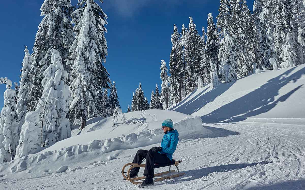 Winterlicher Rodelweg im Bayerischen Wald, ideal für eine aufregende Abfahrt im Schnee.