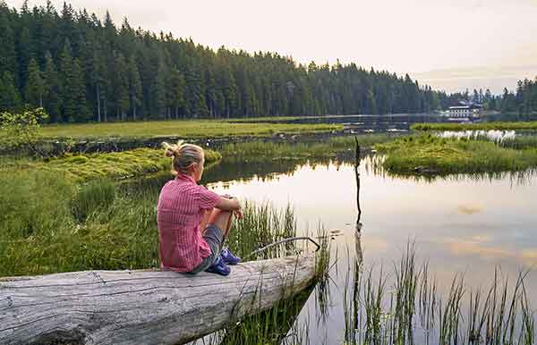 Frau sitzt am Seeufer auf einem Stamm während ihres Pfingsturlaubs im Bayerischen Wald, Bodenmais