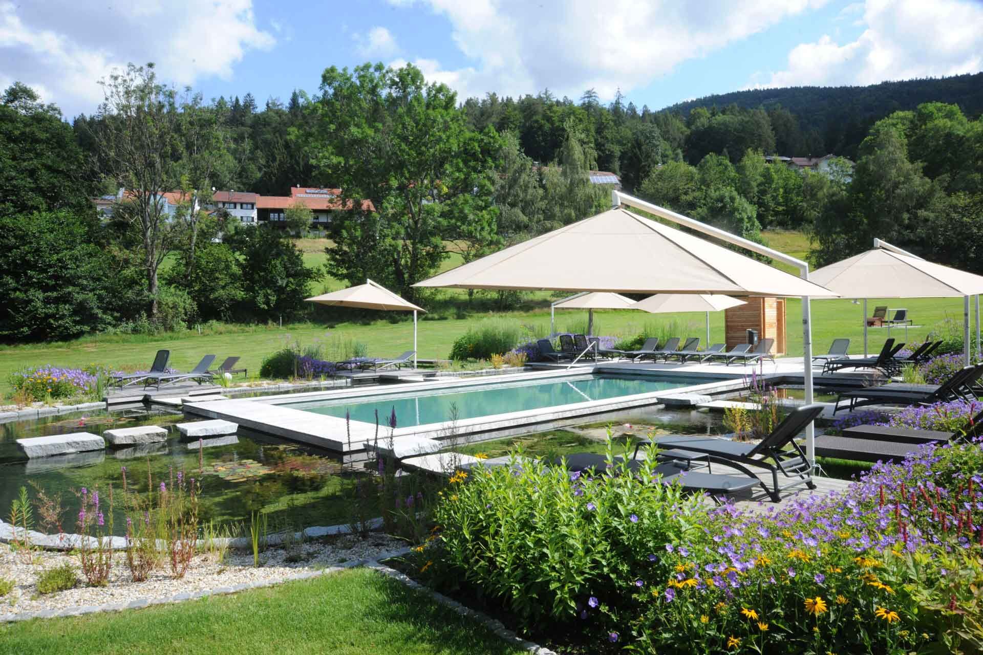 Weitere Ansicht des Biotop-Swimmingpools im Wellnesshotel Waldeck Bodenmais im Bayerischen Wald.